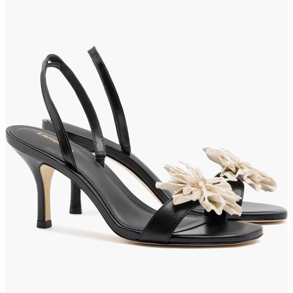 Larroude Hibiscus Slingback Sandal Heels Black Leather Floral Sz 10 Lightly Worn - Picture 1 of 13